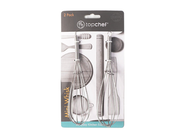Two stainless steel whisks; Mini size; Packaged on a card branded 'topchef'; Silver metallic finish; Rounded wire loops in whisk shape;