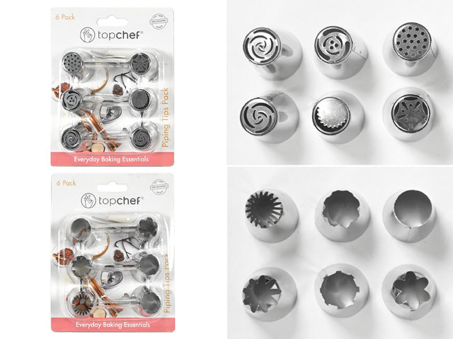 Set of 6 stainless steel piping tips; Varied decorative tip shapes; Clear plastic blister pack packaging; Top Chef branded packaging; Label states 'Everyday Baking Essentials';