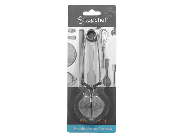 silver stainless steel; spring loaded clamp design; fine mesh ball infuser; packaged on branded card; handles visible for grip;