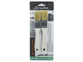two brushes with wooden handles; natural light tan bristles; metal ferrule holding bristles; handles have holes near the end; packaged in branded cardboard backing;