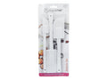 set of three white spatulas; silicone heads; long white handles; packaged on a card with kitchen background;
