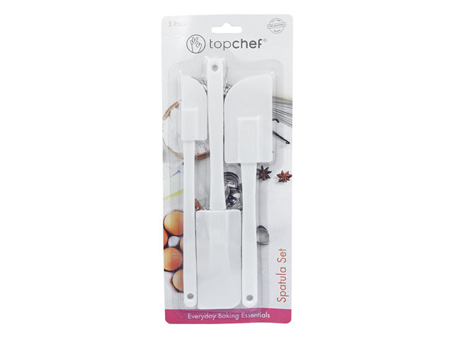 set of three white spatulas; silicone heads; long white handles; packaged on a card with kitchen background;