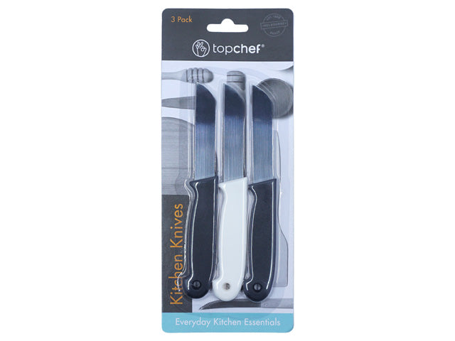 3 knives in pack; black and white handles; stainless steel blades; packaged on cardboard backing;