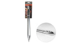 stainless steel material; 40cm length; scalloped tong tips; locking clip near handle; packaged on Topchef branded card;