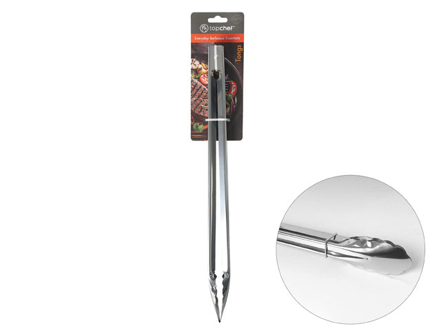 stainless steel material; 40cm length; scalloped tong tips; locking clip near handle; packaged on Topchef branded card;