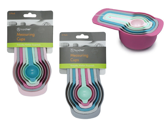 6 piece set with measuring cups and spoons; pastel colours including pink, blue, green, grey; nesting design for compact storage; plastic material with smooth finish; attached in a retail pack with hanging card;