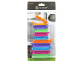10 colourful plastic bag clips; assorted colours including orange, purple, green, pink, blue; plastic packaging with Topchef branding; rectangular clip shape with sealing edge; clips arranged on display card;
