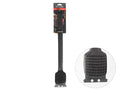 black handle; metal wire bristles; 43cm length; plastic handle with ribbed grip; scraper tool at brush base;