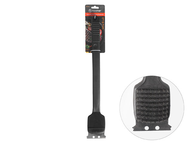 black handle; metal wire bristles; 43cm length; plastic handle with ribbed grip; scraper tool at brush base;