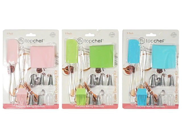 9-piece set including spatulas and piping nozzles; Available in pastel pink, green, and blue colour options; Plastic handles with metal nozzle tips; Clear plastic blister packaging with TopChef branding; Small compact tools suitable for home baking;