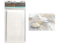 white loosely woven cotton fabric; packaged in clear plastic with branded label; label displays size 145 x 91 cm; rectangular folded cloth shape;
