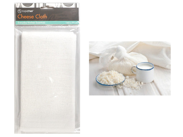 white loosely woven cotton fabric; packaged in clear plastic with branded label; label displays size 145 x 91 cm; rectangular folded cloth shape;
