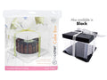 clear transparent plastic box; white base and lid; square shape; packaging shows cake inside; alternative black box shown;