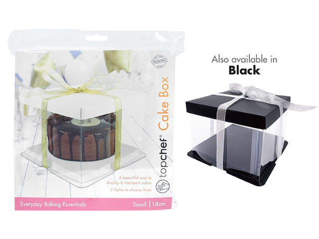 clear transparent plastic box; white base and lid; square shape; packaging shows cake inside; alternative black box shown;