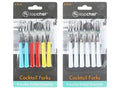 6 forks per pack; varied handle colours: blue, red, yellow, white; stainless steel fork heads; plastic handles; retail packaging with black and turquoise label;