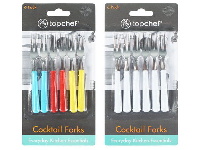 6 forks per pack; varied handle colours: blue, red, yellow, white; stainless steel fork heads; plastic handles; retail packaging with black and turquoise label;