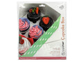 Set of 2 cupcake boxes; White boxes with green side accents; Clear plastic window on top; Holes on green sides for ventilation; Removable inserts inside boxes;