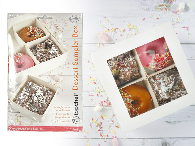 cream coloured cardboard boxes; 4 compartments per box; removable dividers; packaged in a clear plastic hanging pack;