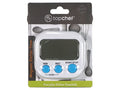 white square timer body; large black display screen; three blue control buttons marked MIN, SEC, START/STOP; magnetic backing visible on packaging; packaged with kitchen utensil graphics background;