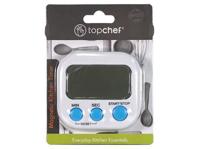 white square timer body; large black display screen; three blue control buttons marked MIN, SEC, START/STOP; magnetic backing visible on packaging; packaged with kitchen utensil graphics background;
