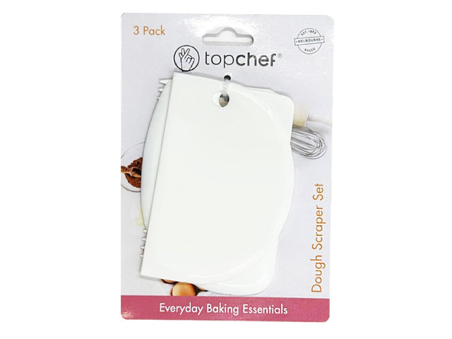 white plastic scrapers; 3 pack set; flat curved edge; packaging labelled 'topchef'; packaging includes 'Everyday Baking Essentials' text;