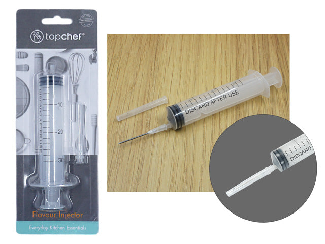 clear plastic syringe with 30ml markings; black plunger stopper; detachable needle; packaged on branded cardboard backing;