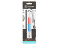 rectangular thermometer with clear Celsius scale; red liquid indicator; white and black packaging with kitchen utensil images; hook at top for hanging;