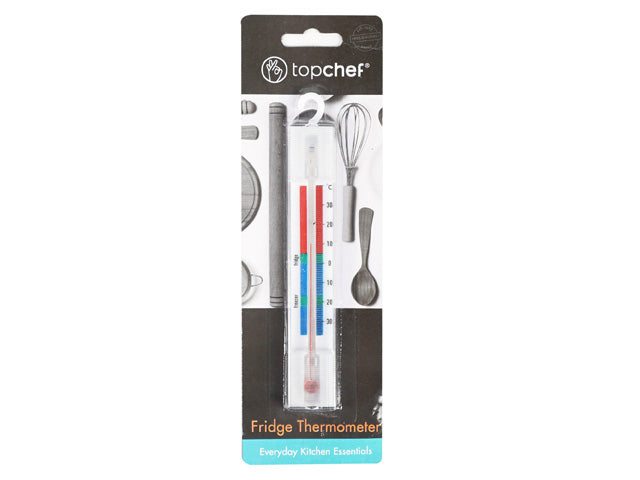 rectangular thermometer with clear Celsius scale; red liquid indicator; white and black packaging with kitchen utensil images; hook at top for hanging;