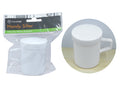 white plastic material; compact cylindrical shape; handle on side; lid with fine sifting holes; packaged in clear plastic bag with header card;