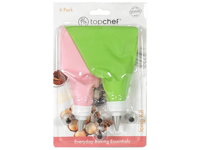 pink silicone icing bag; green silicone icing bag; four metal icing nozzles; packaged in clear plastic with branded card backing;