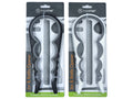 black or white plastic opener with ergonomic shape; includes grey cylindrical handle; packaged on black and white card labelled 'Topchef'; features a hook hole for hanging; text 'Jar & Bottle Opener' in orange on packaging;