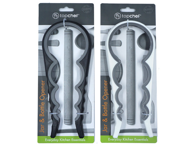 black or white plastic opener with ergonomic shape; includes grey cylindrical handle; packaged on black and white card labelled 'Topchef'; features a hook hole for hanging; text 'Jar & Bottle Opener' in orange on packaging;