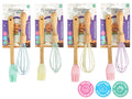 set includes one whisk and one brush; wooden bamboo handles; silicone bristles on brush; silicone loops on whisk; available in pastel colours;
