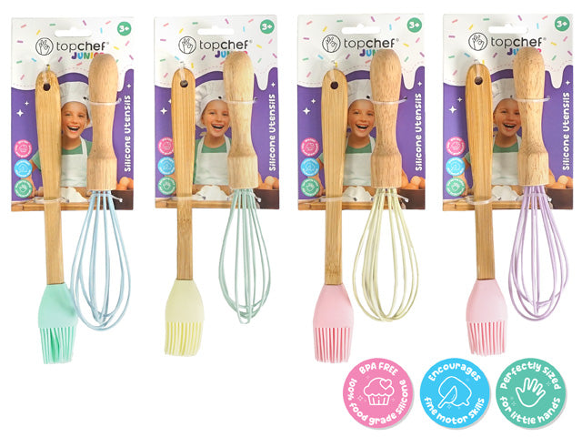 set includes one whisk and one brush; wooden bamboo handles; silicone bristles on brush; silicone loops on whisk; available in pastel colours;