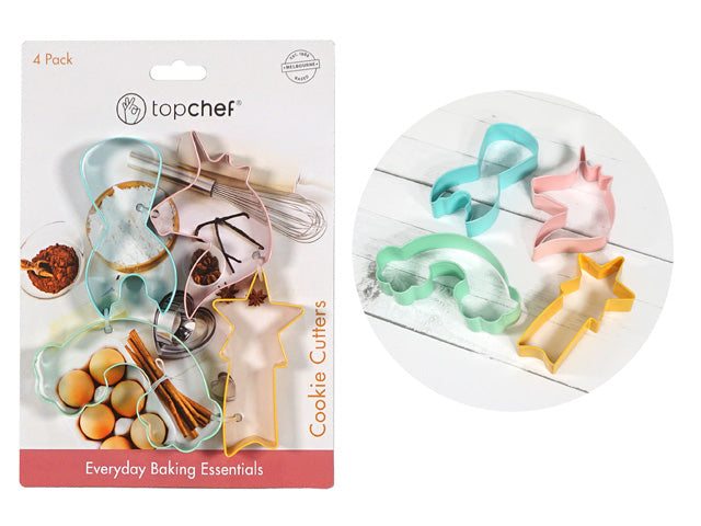 4 metal cookie cutters in pastel colours; Shapes include unicorn, rainbow, star, and magic wand; Packaged on branded card with baking background; Cutters have smooth edges and varied shapes;