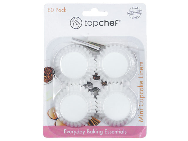 white colour cupcake liners; 3cm diameter mini size; pack of 80 liners; white cardboard backing with pink detail; clear plastic packaging;