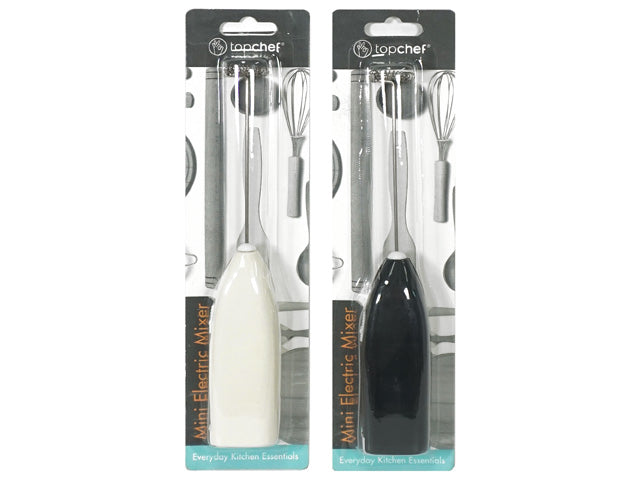 mini handheld electric stirrer; black and white colour options; plastic body; stainless steel whisk tip; retail packaging with hanging card;