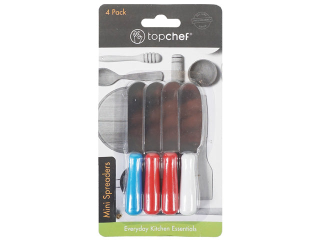 pack of 4 mini spreaders; handles in blue, red, white colours; stainless steel blades; packaging labelled 'Topchef' and 'Mini Spreaders'; plastic handles with rounded ends;