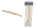 wooden rolling pin; light wood colour; smooth surface; handles on both ends; packaged in clear plastic;