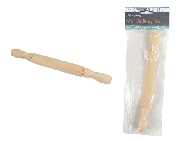 wooden rolling pin; light wood colour; smooth surface; handles on both ends; packaged in clear plastic;