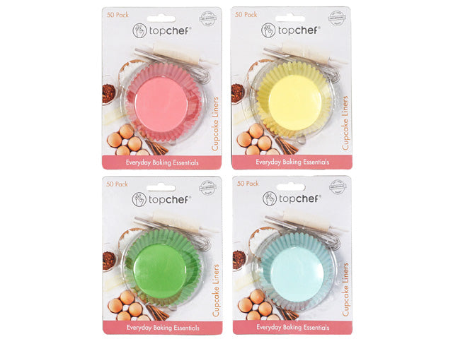 Different pastel colours: pink, yellow, green, blue; Each pack contains 50 paper baking cups; Packaging shows the brand Topchef; Cupcake liners shaped with pleated sides; Packaging includes baking imagery with eggs and whisk;