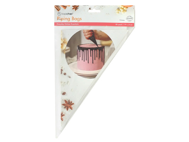 packaging shows 50 disposable piping bags; triangular clear plastic bag packaging; 31cm length indicated on the package; image of cake decorator using piping bag;