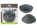 dark grey rubber material; circular shape with ridged underside; 12.5cm diameter size; packaged on labelled cardboard backing;