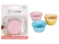 silicone material; assorted pastel colours (pink, blue, yellow, cream); speckled pattern; fluted cupcake shape; packaged in a clear plastic blister pack;