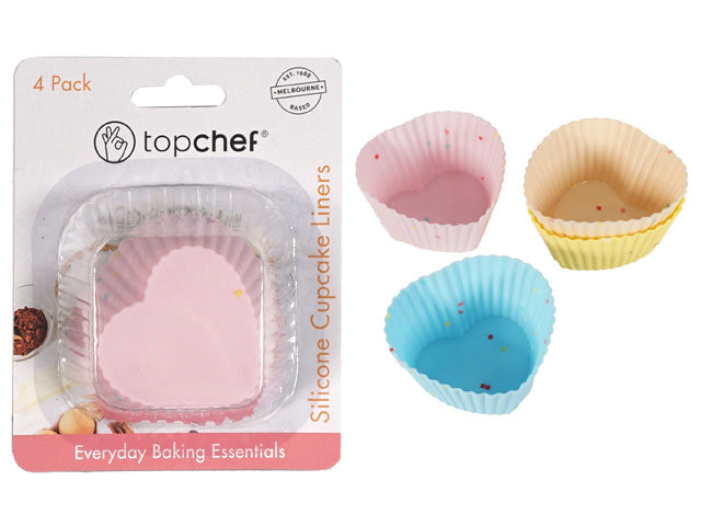 heart-shaped cupcake liners; pastel colours (pink, blue, yellow); silicone material with confetti pattern; 4 pack packaging; pack labelled 'Everyday Baking Essentials';