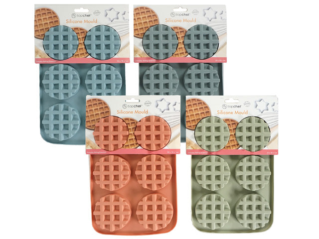 Four round waffle cavities with grid pattern; Flexible silicone material; Available in blue, grey, terracotta and green colours; Packaged on card backing with waffle image;