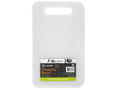 small rectangular white plastic chopping board; cut-out handle at top; compact size; smooth surface; retail label with bar code;