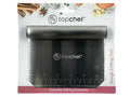 stainless steel material; flat rectangular blade shape; ruler markings along bottom edge; smooth curved handle on top; packaged with Topchef brand label;