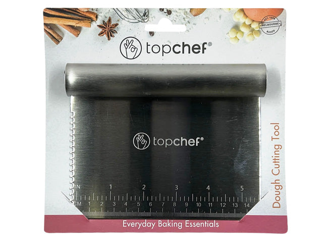 stainless steel material; flat rectangular blade shape; ruler markings along bottom edge; smooth curved handle on top; packaged with Topchef brand label;