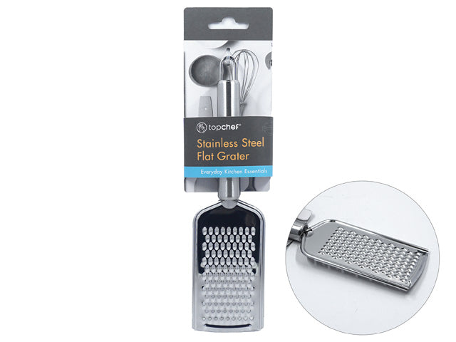 flat stainless steel grater; medium grating holes; metal handle; packaged with branded cardboard label;